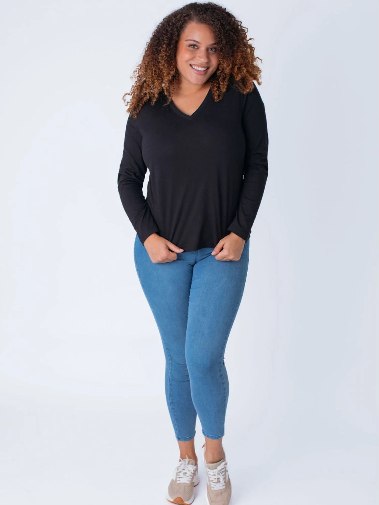 Women's Black Long Sleeve V-Neck - Image 3